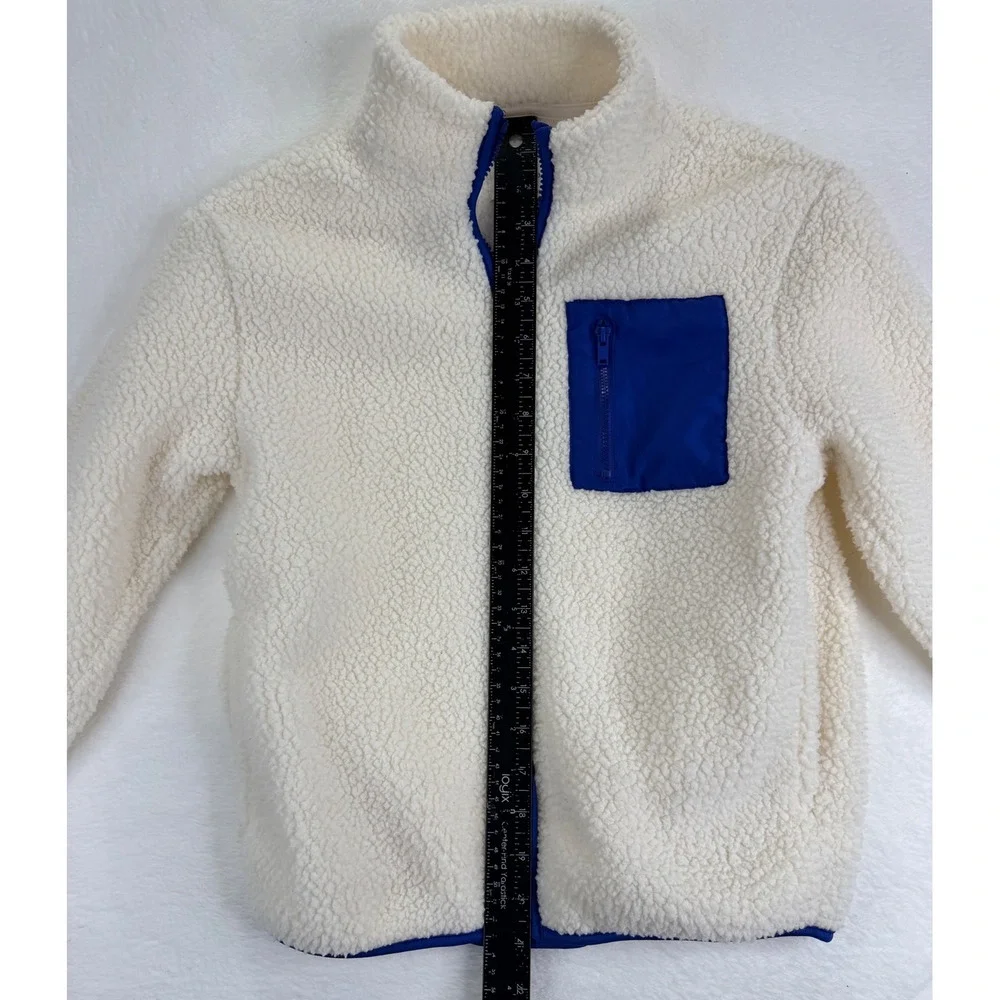 Old Navy Kids Sherpa Fleece Jacket Cream Blue Zip Up Mock Neck Large 10-12